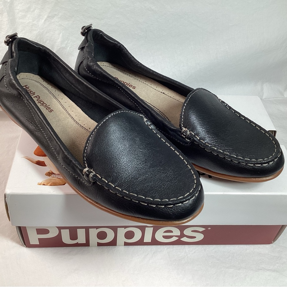 NEW Hush Puppies Leather Black 9 Comfort Shoes Loafer Flat